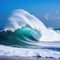 wave crashing onto the with the frothy water and spray creating an chaotic scene