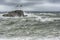 Wave Cresting during storm with Seagull Above