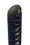 Wave design Kashira : butt cap or pommel made of steel on the end of the navy blue silk cord handle  Japanese sword isolated in