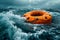 Wave energy converter bobbing on surface of ocean, capturing kinetic energy of ocean waves and converting it into usable