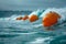 Wave energy converters bobbing on surface of the ocean, converting the kinetic energy of waves into usable electricity