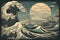 Wave hokusai on rising sun or moon background in japanese style. Generative AI