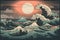 Wave hokusai on rising sun or moon background in japanese style. Generative AI