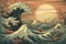 Wave hokusai on rising sun or moon background in japanese style. Generative AI