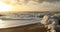 Wave of sea foam on the beach at sunset