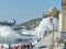 Waves on the beach. Millions of splashes of breaking waves from impacts on the granite embankment.