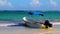 Waves boats caribbean coast and beach panorama view Tulum Mexico