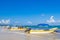 Waves boats caribbean coast and beach panorama view Tulum Mexico