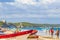 Waves boats caribbean coast and beach panorama view Tulum Mexico