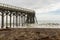 Waves breaking on the poles under the pier of San Simeon, California, USA