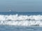 Waves breaking on Sopelana beach in Bilbao, with a merchant ship on the horizon