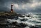 waves are coming on a rocky shore near a light house