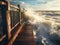 Waves crash against a pier as the sun sets over the ocean