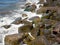 Waves crash on big rocks. Rocky coast and wave. Powerful coastline. Sea foam. The excitement of the sea. Huge coastal rocks