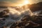 waves crashing against rocky coastline, with sunlit sky in the background