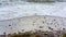 Waves crashing ashore on a beach with sand and pebbles. Close up