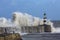 Waves crashing over Seaham Lighthouse