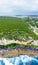 Waves crushing on the rocks, aerial overhead view