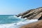 Waves are hitting to rocks at beach in Gokceada, Turkey