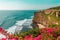 Waves of ocean near cliffs. Uluwatu, Bali, Indonesia. Sunset on the sea, Rocks and flowers