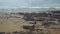 Waves roll on littered after storm beach under overcast sky