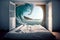 waves of sea inside bedroom interior with a bed. Dreams of rest and travel. Generative AI illustration