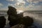 Waves splashing against remains of bombarded Sovjet fort in the Baltic sea