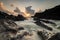 Waves splashing on the unique rocks formation over stunning sunrise background