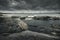 Waves of stormy sea break on rocky shore. Dramatic sky