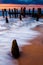 Waves swirl around pier pilings in the Delaware Bay at sunset, s