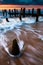 Waves swirl around pier pilings in the Delaware Bay at sunset, s