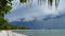 Waving blue sea, sandy shore of Koh Samui Island during wet rain season, Thailand. Hurricane and storm warning on exotic tropical