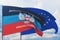 Waving European Union flag and flag of The Donetsk People's Republic, DPR or DNR. Closeup view, 3D illustration.