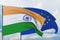 Waving European Union flag and flag of India. Closeup view, 3D illustration.