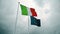 Waving fabric texture of the flag of italy and union europe on sky with clouds, concept of