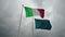 Waving fabric texture of the flag of italy and union europe on sky with cloudy sky, concept of business,