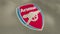 Waving flag with Arsenal football team logo, close-up. Motion. Colorful professional english football club flag