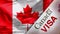 A waving flag with a Canadian flag and an immigration tourist visitor visa.