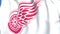 Waving flag with Detroit Red Wings NHL hockey team logo, close-up. Editorial 3D rendering