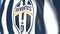 Waving flag with Juventus football team logo, close-up. Editorial loopable 3D animation