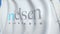 Waving flag with Nielsen Holdings logo, close-up. Editorial 3D rendering