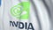Waving flag with Nvidia logo, close-up. Editorial loopable 3D animation