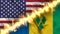 Waving flag of Saint Vincent and the Grenadines and the United States separated by a line of fire.