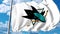 Waving flag with San Jose Sharks NHL hockey team logo. 4K editorial clip