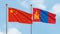 Waving flags of China and Mongolia on sky background. Illustrating International Diplomacy, Friendship and Partnership with