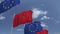 Waving flags of Morocco and the EU on sky background, loopable 3D animation
