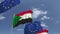 Waving flags of Sudan and the EU on sky background, loopable 3D animation