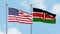 Waving flags of the United States of America and Kenya on sky background. Illustrating International Diplomacy, Friendship and