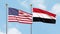 Waving flags of the United States of America and Yemen on sky background. Illustrating International Diplomacy, Friendship and