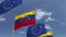 Waving flags of Venezuela and the EU on sky background, loopable 3D animation